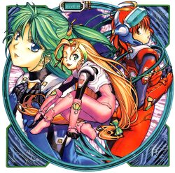  1990s_(style) 3girls ;p alice_in_cyberland blonde_hair blue_eyes bodysuit gloves green_eyes green_hair hairband headgear highres long_hair looking_at_viewer low-tied_long_hair medium_hair minazuki_alice multiple_girls non-web_source official_art one_eye_closed ootori_rena_(alice_in_cyberland) parted_lips red_eyes red_hair retro_artstyle tongue tongue_out very_long_hair yagami_juri 