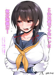  1girl black_hair blush breasts crossed_arms embarrassed gloves hair_ribbon highres isokaze_(kancolle) kantai_collection large_breasts lingerie_(aki3240) long_sleeves looking_at_viewer neckerchief open_mouth pleated_skirt red_eyes ribbon school_uniform serafuku short_hair skirt solo tress_ribbon twitter_username upper_body white_background white_gloves yellow_neckerchief 