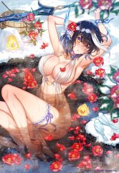  1girl age_of_ishtaria armpits arms_up barefoot bird black_hair blurry blush breasts camellia cleavage collarbone copyright_notice depth_of_field dress duck flower hair_flower hair_ornament highres jewelry large_breasts looking_at_viewer lying munlu_(wolupus) necklace on_back outdoors parted_lips red_flower see-through see-through_dress snow solo svafrlami_(age_of_ishtaria) sword thigh_strap water weapon white_dress yellow_eyes 