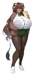  1girl :3 absurdres animal_ears bow bowtie breasts brown_hair brown_pantyhose bursting_breasts button_gap cardigan cow_ears cow_girl cow_horns cow_tail curvy dark-skinned_female dark_skin gigantic_breasts glasses green_bow green_bowtie green_eyes green_skirt highres horns huge_breasts loafers long_hair mae_(bakeneko) miniskirt open_cardigan open_clothes original pantyhose pleated_skirt school_uniform second-party_source semi-rimless_eyewear shoes short_twintails simple_background skirt solo suruga_(xsurugax) tachi-e tail thick_thighs thighs twintails under-rim_eyewear undershirt undersized_clothes very_long_hair wavy_hair white_background 