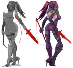  1girl adapted_costume ass bodysuit breasts butcha-u crotch_plate dual_wielding fate/grand_order fate_(series) holding large_breasts long_hair mask multiple_views polearm ponytail purple_bodysuit purple_hair red_eyes scathach_(fate) scathach_(fate) sketch spear turnaround veil weapon  rating:Sensitive score:42 user:danbooru
