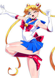  1girl bare_legs bishoujo_senshi_sailor_moon blonde_hair blue_eyes boots choker double_bun dress elbow_gloves female_focus gloves hair_bun hair_ornament heart heart_necklace high_heel_boots high_heels highres jewelry legs long_hair looking_at_viewer magical_girl neck necklace one_eye_closed parted_bangs pleated_dress red_footwear sailor_moon sailor_senshi sailor_senshi_uniform smile solo super_sailor_moon tiara tsukino_usagi twintails very_long_hair warabimochi white_dress white_gloves wink 