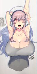 1girl armpits arms_behind_head arms_up blush breasts cleavage collarbone headphones highres huge_breasts long_hair looking_at_viewer namaniku_atk nitroplus one_eye_closed open_mouth pink_hair red_eyes sleeveless solo stretched_limb super_sonico tears teeth upper_body yawning rating:Sensitive score:54 user:danbooru