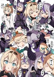  &gt;_&lt; 6+girls @_@ ahoge aqua_eyes arms_up bandages black_gloves black_horns black_shrug blonde_hair blush bow braid braided_bangs breasts brown_hairband buttons chest_harness cleavage closed_eyes coat coat_dress collar demon_horns dot_nose double-breasted double-parted_bangs fang fingerless_gloves futon gloves grey_hair h_(eitilog) hairband harness high_collar highres hololive horns japanese_clothes kazama_iroha kazama_iroha_(1st_costume) kimono la+_darknesss la+_darknesss_(1st_costume) long_hair long_sleeves medium_breasts medium_hair metal_collar multicolored_bow multicolored_hair multiple_girls neckerchief o-ring open_mouth pointy_ears ponytail purple_coat purple_hair shaded_face sitting skirt sleeves_past_fingers sleeves_past_wrists speech_bubble streaked_hair striped_horns sweatdrop tail very_long_hair virtual_youtuber white_background white_kimono yellow_eyes yellow_neckerchief 