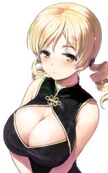  1girl black_dress blonde_hair blush breasts china_dress chinese_clothes cleavage cleavage_cutout clothing_cutout dress drill_hair highres jiji_(aardvark) large_breasts mahou_shoujo_madoka_magica medium_hair simple_background smile solo tomoe_mami twin_drills upper_body white_background yellow_eyes  rating:Sensitive score:19 user:danbooru