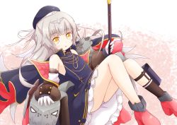  1girl azur_lane bare_shoulders beret black_socks blue_cape blue_dress blue_hat blunt_bangs blush boots cape collared_dress dress elbow_gloves female_focus flat_chest frilled_dress frills gloves grey_hair hair_ribbon hat heart heart_in_eye holding holding_staff knees_up legs light_blush long_hair looking_at_viewer mode_(mode-n) mole mole_under_eye open_mouth panties panty_peek pantyshot pink_background pouch red_footwear ribbon short_dress sidelocks simple_background single_sock sleeveless sleeveless_dress socks solo staff symbol_in_eye thighs two-sided_cape two-sided_fabric two-tone_background underwear upskirt white_gloves white_panties white_ribbon yellow_eyes z46_(azur_lane)  rating:Sensitive score:2 user:mioxnorman