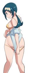  1girl artist_name ass bikini bikini_bottom_pull blue_eyes blue_hair blush breasts covering_ass covering_privates creatures_(company) female_focus game_freak huge_ass lana&#039;s_mother_(pokemon) large_breasts looking_back mature_female nintendo pabsmikan panties pokemon pokemon_(anime) pokemon_sm_(anime) sideboob smile solo swimsuit teasing thighs underwear undressing white_background 