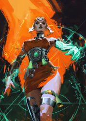  1girl ancient_greek_clothes artist_request asymmetrical_arms black_sclera blonde_hair bone colored_sclera dress glowing_arm greco-roman_clothes green_lips hades_(series) hades_2 highres laurel_crown looking_at_viewer melinoe_(hades) mismatched_sclera orange_dress red_eyes see-through_body short_hair skeletal_arm solo 