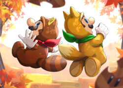  2boys animal_costume animal_ears animal_hood autumn autumn_leaves bandana blue_eyes blurry blurry_foreground brothers brown_hair clenched_hand commentary_request day depth_of_field facial_hair facing_away falling_leaves fox_costume fox_ears fox_tail full_body gloves gonzarez green_bandana hand_up highres hood hood_up jumping kitsune_luigi leaf light_particles looking_at_viewer looking_back luigi male_focus maple_leaf mario mario_(series) mountain multiple_boys mustache nintendo open_mouth outdoors outstretched_arms profile raccoon_ears raccoon_tail red_bandana short_hair siblings spread_arms super_leaf super_leaf_(transformation) super_mario_3d_land tail tanuki_costume tanuki_mario tree white_gloves  rating:General score:6 user:danbooru