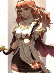  1girl bare_shoulders black_gloves black_skirt breasts celica_(fire_emblem) cleavage closed_mouth commentary cowboy_shot delsaber detached_collar dress earrings fingerless_gloves fire_emblem fire_emblem_echoes:_shadows_of_valentia floating_hair gloves gold_trim hair_intakes holding holding_sword holding_weapon jewelry lips long_hair looking_at_viewer nintendo off-shoulder_dress off_shoulder orange_eyes orange_hair pink_lips puffy_short_sleeves puffy_sleeves red_eyes short_sleeves skirt smile solo standing sword weapon white_dress 