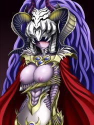 1girl archfiend_empress armor blush breasts colored_skin duel_monster horns large_breasts long_hair nipples purple_skin yu-gi-oh! rating:Explicit score:32 user:merkking