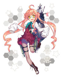  10s 1girl :3 :d ahoge blue-framed_eyewear blue_bow blue_bowtie boots bow bowtie brown_footwear character_name eyes_visible_through_hair full_body glasses grey_pantyhose hands_in_opposite_sleeves hexagon highres honeycomb_(pattern) honeycomb_background kantai_collection knee_boots long_hair long_sleeves looking_at_viewer makigumo_(kancolle) open_mouth panties panties_under_pantyhose pantyhose pantyshot pink_hair pleated_skirt purple_skirt red_skirt renta renta_(deja-vu) semi-rimless_eyewear simple_background skirt sleeves_past_wrists smile solo standing standing_on_one_leg star_(symbol) tareme under-rim_eyewear underwear vest white_background yellow_eyes 