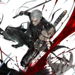  1boy black_coat black_gloves bleeding blood blood_splatter bloody_weapon blue_eyes closed_mouth coat devil_may_cry_(series) devil_may_cry_5 evil_grin evil_smile fingerless_gloves gloves grin hair_slicked_back highres holding holding_sword holding_weapon injury katana looking_at_viewer male_focus moowm smile sword vergil_(devil_may_cry) weapon white_hair yamato_(sword) 