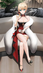  1girl aqua_eyes azur_lane bare_legs bare_shoulders black_footwear blonde_hair bow bracelet breasts cleavage closed_mouth collarbone couch crossed_legs dress earrings feather_boa full_body hair_bow hair_ornament hairclip hand_in_own_hair high_heels highres howe_(azur_lane) howe_(evening_marvels)_(azur_lane) jewelry legs lips long_hair looking_at_viewer medium_breasts necklace official_alternate_costume qing_wu red_dress ring sitting smile solo thighs  rating:Sensitive score:31 user:danbooru