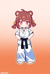  1girl ahoge animal_ears artist_name barefoot bear_ears bear_girl belt black_belt bright_pupils brown_hair chinese_commentary commentary_request dot_nose dougi frown full_body gradient_background highres kuma-bound low_twintails martial_arts_belt medium_hair orange_background original pants red_eyes short_twintails simple_background solo standing twintails white_pants white_pupils 