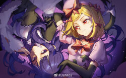  2girls arm_behind_head artist_name bead_choker beret black_dress black_gloves blonde_hair bow bow_choker bowtie chinese_commentary commentary_request dress elbow_gloves eye_contact frederica_bernkastel frilled_sleeves frills gloves hair_bow hand_on_another&#039;s_head hat highres holding_own_hair jehilda lambdadelta long_hair looking_at_another multiple_girls pink_dress pink_hat puffy_short_sleeves puffy_sleeves purple_background purple_bow purple_bowtie purple_eyes purple_hair red_bow red_bowtie red_eyes rotational_symmetry short_hair short_sleeves sideways_glance smirk umineko_no_naku_koro_ni weibo_logo weibo_watermark 