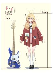  2girls ahoge annoyed arrow_(symbol) bass_guitar black_footwear blonde_hair blue_archive blush closed_mouth collarbone commentary_request fender_jazz_bass hair_ribbon halo height_difference high-waist_skirt highres instrument jacket kazusa_(blue_archive) laughing loafers long_sleeves low_twintails measuring medium_hair motion_lines multiple_girls narrowed_eyes open_clothes open_jacket pink_skirt pleated_skirt print_shirt red_jacket red_ribbon ribbon shirt shoes skirt socks solo_focus stretching suecovsky t-shirt trembling twintails white_shirt white_socks yellow_eyes yoshimi_(band)_(blue_archive) yoshimi_(blue_archive) 