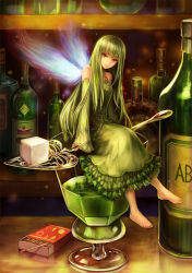  1girl absente absinthe alcohol arms_at_sides bare_shoulders barefoot bottle box counter cup detached_sleeves dress drinking_glass energy_wings fairy foot_dangle frilled_dress frills full_body green_dress green_hair green_nails head_tilt karasuba_yomi liquor long_hair long_sleeves looking_at_viewer matches mini_person minigirl nail_polish original personification red_eyes shelf sitting sleeves_past_wrists smile solo spoon sugar_cube toenail_polish toenails tsurime  rating:Sensitive score:23 user:danbooru