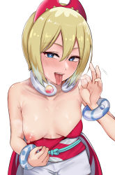  1girl absurdres akamashi blonde_hair blouse blue_eyes bracelet breasts breath clothes_pull collarbone creatures_(company) fellatio_gesture game_freak hair_between_eyes hairband heart heart-shaped_pupils highres irida_(pokemon) jewelry looking_at_viewer naughty_face neck_ring nintendo nipples obi obijime one_breast_out open_mouth pokemon pokemon_legends:_arceus puffy_nipples pulled_by_self red_hairband red_shirt saliva sash shirt shirt_pull short_hair short_shorts shorts small_breasts solo symbol-shaped_pupils tongue tongue_out upper_body white_background white_shorts  rating:Questionable score:163 user:danbooru