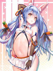  1girl animal_ear_fluff animal_ears arm_behind_head arm_up bare_shoulders bikini bikini_under_clothes black_gloves black_ribbon blue_hair blush breasts carrot_hair_ornament commentary_request cowboy_shot elbow_gloves food-themed_hair_ornament gloves hair_between_eyes hair_ornament hair_ribbon hand_on_own_thigh highres hololive long_hair looking_at_viewer miniskirt mogmog multicolored_eyes multicolored_hair navel parted_lips pleated_skirt rabbit_ears red_eyes ribbon short_eyebrows skirt small_breasts solo standing stomach streaked_hair swimsuit thick_eyebrows twintails usada_pekora very_long_hair virtual_youtuber white_bikini white_hair white_skirt wrist_cuffs yellow_eyes 