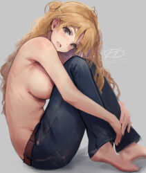  1girl :d barefoot blonde_hair braid breasts brown_eyes commentary_request denim grey_background haruto_(harut_n) highres hugging_own_legs jeans kantai_collection knees_up large_breasts long_hair looking_at_viewer open_mouth pants sideboob sitting smile solo topless twitter_username wavy_hair zara_(kancolle) 