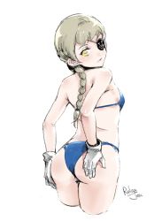  10s 1girl ass back braid eyepatch female_focus gloves hand_on_own_ass justine_(persona_5) persona persona_5 relaxjon solo swimsuit thighs underwear white_gloves yellow_eyes  rating:Questionable score:91 user:herderp777