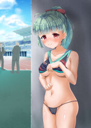  1girl 2boys absurdres ahoge bare_legs battle_girl_high_school black_panties black_pants black_suit blunt_bangs blush bow breasts cameltoe cheerleader clothes_lift cloud collarbone crop_top crowd embarrassed eyebrows_hidden_by_hair faceless faceless_male female_focus flashing formal green_hair groin hair_bow hiding highres ikatako0312 legs_together lifted_by_self looking_at_viewer medium_breasts medium_hair multicolored_clothes multicolored_shirt multiple_boys navel necktie no_bra nose_blush outdoors panties pants polka_dot polka_dot_panties ponytail public_indecency red_bow red_eyes sadone shiny_skin shirt shirt_lift sidelocks sky sleeveless sleeveless_shirt smile solo_focus standing stomach string_panties suit thighs track_and_field underboob underwear 