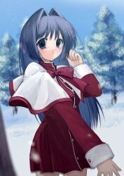 1girl blue_eyes blue_hair blue_sky bow capelet day dress hair_intakes highres kanon long_hair looking_at_viewer minase_nayuki nemu_(zutto_oyasu3) outdoors red_bow red_dress school_uniform sky smile snow solo tree white_capelet