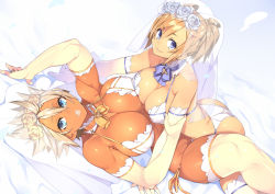  23_(real_xxiii) 2girls anniversary bed_sheet blue_eyes blush breasts bridal_lingerie bridal_veil bride cleavage dark-skinned_female dark_skin detached_collar dress elbow_gloves gloves highres holding_another&#039;s_arm holding_own_arm huge_breasts jewelry large_breasts lingerie long_hair multiple_girls muscular original panties parted_lips ring sela_(23) short_hair side-tie_panties simple_background smile thighhighs toned underwear underwear_only ursula_(23) veil wedding_band wedding_dress white_background white_gloves white_legwear white_panties wife_and_wife yuri  rating:Questionable score:222 user:danbooru