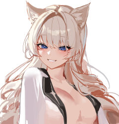  1girl animal_ears blonde_hair blue_eyes blush breasts cleavage crown_(naked_king)_(nikke) crown_(nikke) drill_hair goddess_of_victory:_nikke grin hair_ornament kemonomimi_mode large_breasts long_hair looking_at_viewer open_clothes open_shirt shirt smile solo ttong824 white_shirt  rating:Sensitive score:8 user:Leksa