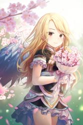  1girl angel angel_wings bad_id bad_pixiv_id black_dress blonde_hair blurry blurry_background blurry_foreground bouquet brown_eyes cherry_blossoms child cowboy_shot dress feathered_wings floating_hair flower frilled_dress frills highres holding holding_bouquet long_hair mole mole_under_eye original pink_flower pointy_ears short_dress short_sleeves solo standing swept_bangs very_long_hair white_wings wings yampa  rating:Sensitive score:7 user:danbooru