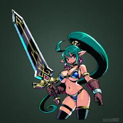  1girl armor bikini_armor breasts bursting_breasts cleavage curvy elf gloves green_hair highres large_breasts legs long_hair navel parted_lips pink_eyes pixel_art pointy_ears ponytail solo sword thighhighs thighs very_long_hair weapon 