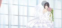  1girl black_hair date_a_live dress flower glass highres red_eyes tokisaki_kurumi wedding_dress  rating:General score:12 user:Kurumi_kun