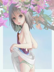 1girl ass border breasts clothes_lift dreamer_tapir dress dress_lift flat_chest flower gradient_background grey_eyes grey_hair lifting_own_clothes lips loli long_hair looking_at_viewer looking_back nipples no_bra outside_border panties polka_dot polka_dot_panties small_breasts solo standing tree underwear white_border