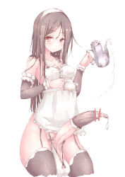  1girl ball_bra brown_hair chouhoukei covered_erect_nipples cowboy_shot cum cum_in_container cum_in_cup cup erection facing_viewer foreskin full-package_futanari futanari highres holding holding_cup huge_penis huge_testicles large_penis long_foreskin long_hair looking_at_viewer maid maid_headdress penis penis_sheath phimosis red_eyes simple_background solo standing teapot testicles urethral_insertion white_background  rating:Explicit score:98 user:&yen;&yen;&yen;
