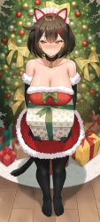 1girl :o animal_ears bare_shoulders bauble black_gloves black_hair black_pantyhose blush bow box breasts brown_eyes carpet cat_ears cat_tail christmas_tree cleavage collarbone dress elbow_gloves fake_animal_ears full_body fur-trimmed_dress fur-trimmed_gloves fur_trim gift gift_box gloves hair_ornament hairband hairclip holding holding_gift jagaimo_(kkamja) large_breasts looking_away looking_to_the_side maid_headdress mia_(jagaimo_(kkamja)) nose_blush original pantyhose parted_lips red_dress red_hairband short_hair solo standing strapless strapless_dress tail wooden_floor yellow_bow  rating:Sensitive score:57 user:danbooru