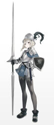  1girl absurdres armor black_footwear breastplate closed_mouth couter full_body gauntlets gorget grey_eyes grey_hair hand_on_own_hip helmet highres holding holding_weapon km_yama lance looking_at_viewer original pauldrons plume polearm rerebrace shield shoes short_hair short_sword shoulder_armor simple_background smile solo sword tassets vambraces weapon white_background 