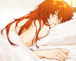  1boy artist_name back diluc_(genshin_impact) eriimyon from_side genshin_impact highres indoors long_hair looking_at_viewer lying on_bed on_stomach open_mouth orange_eyes red_hair scar solo sunlight topless topless_male twitter_username under_covers window 