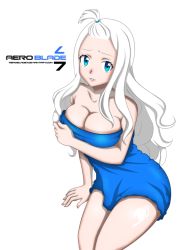  1girl aeroblade7 bathing blue_eyes breasts cleavage fairy_tail long_hair mirajane_strauss simple_background solo tattoo towel white_hair 