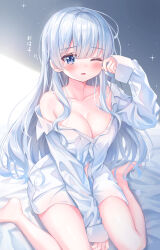 1girl absurdres barefoot bed_sheet blue_eyes blush breasts cleavage commentary_request dress_shirt highres light_frown long_hair looking_at_viewer medium_breasts naked_shirt off_shoulder on_bed one_eye_closed open_mouth original partially_unbuttoned rubbing_eyes shirt sitting sleepy sleeves_past_wrists solo sparkle translated tyutaka0427 white_hair wing_collar rating:Sensitive score:10 user:danbooru
