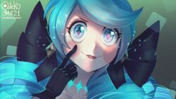 1girl :p black_bow black_gloves bow collarbone drill_hair gloves glowing green_background green_hair gwen_(league_of_legends) hair_bow hand_up highres kabedon league_of_legends long_hair multicolored_hair odeko_yma portrait smile solo tongue tongue_out twin_drills twintails two-tone_hair rating:General score:7 user:danbooru