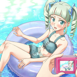  aikatsu! aikatsu!_(series) bikini blue_ribbon floating_tube green_bikini nishiwaki on_water reflection reflective_water ribbon swimsuit todo_yurika  rating:General score:2 user:Hyoroemon