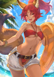  1girl afk_arena animal_ears bare_shoulders belt bikini blue_sky bracelet breasts cloud cloudy_sky commentary_request dark-skinned_female dark_skin day facial_mark halterneck high_ponytail highres holding innertube jewelry looking_at_viewer mashuu_(neko_no_oyashiro) medium_breasts navel o-ring o-ring_bikini ocean open_mouth outdoors palm_leaf parted_bangs ponytail red_bikini red_eyes red_hair satrana_(afk_arena) shorts simple_background sky solo stomach sunlight swim_ring swimsuit tail tattoo water  rating:Sensitive score:50 user:danbooru
