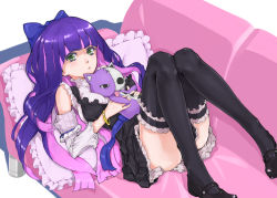  10s 1girl :&lt; alternate_costume black_thighhighs blue_hair blush bow bracelet breasts cat censored colored_inner_hair convenient_censoring convenient_leg couch detached_sleeves frilled_pillow frilled_thighhighs frills frown green_eyes hair_bow honekoneko_(psg) jewelry long_hair looking_at_viewer lying mary_janes medium_breasts multicolored_hair on_back panty_&amp;_stocking_with_garterbelt pillow pink_hair pout purple_hair shoes solo stocking_(psg) stuffed_animal stuffed_cat stuffed_toy thighhighs two-tone_hair yamaishi_(mukoubuti)  rating:Sensitive score:38 user:danbooru
