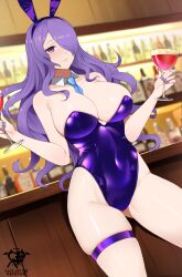  1girl alcohol animal_ears artist_logo bar_(place) bare_shoulders between_breasts blue_necktie blurry blurry_background breasts camilla_(fire_emblem) closed_mouth cup detached_collar drinking_glass fake_animal_ears fire_emblem fire_emblem_fates hair_over_one_eye hairband highleg highleg_leotard highres holding holding_cup kaos_art large_breasts leotard long_hair necktie necktie_between_breasts nintendo playboy_bunny purple_eyes purple_hair purple_hairband purple_leotard purple_nails rabbit_ears skindentation smile solo thigh_strap thighs wavy_hair wine_glass 