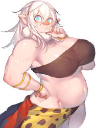  1girl animal_ears animal_print armlet bandeau belly blue_eyes bracelet breasts covered_erect_nipples cowboy_shot dungeon_meshi female_orc fumio_(rsqkr) hair_ornament hand_on_own_chin hand_on_own_hip highres huge_breasts jewelry leed_(dungeon_meshi) leopard_print looking_at_viewer medium_hair monster_girl navel necklace orc pig_ears plump snout solo tooth_necklace white_background white_fur white_hair 