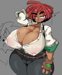 1girl absurdres belt blue_eyes breasts cameltoe cleavage covered_erect_nipples curvy dark-skinned_female dark_skin giovanna_(guilty_gear) gloves guilty_gear guilty_gear_strive highres huge_breasts jellot lactation lactation_through_clothes large_areolae large_nipples lips pants plump red_hair see-through short_hair solo sweat thick_thighs thighs twit_(suxowell) wide_hips