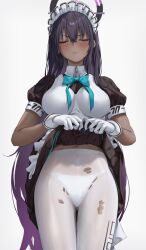  1girl apron black_dress black_hair blue_archive breasts closed_eyes closed_mouth clothes_lift cowboy_shot dress dress_lift gloves halo highres karin_(blue_archive) large_breasts lifted_by_tail long_hair maid maid_apron maid_headdress pantyhose puffy_short_sleeves puffy_sleeves purple_halo renge_(730) short_sleeves simple_background solo torn_clothes torn_pantyhose white_apron white_background white_gloves white_pantyhose 