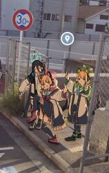  3girls absurdly_long_hair absurdres animal_ear_headphones animal_ears aris_(blue_archive) black_footwear black_hair black_shorts black_skirt black_thighhighs blonde_hair blue_archive blue_halo blush chain-link_fence fake_animal_ears fence google_maps green_eyes green_halo grin halo headphones high_school_girls_posing_for_google_street_view_(meme) highres jacket long_hair long_sleeves lyrinne meme midori_(blue_archive) momoi_(blue_archive) multiple_girls open_clothes open_jacket open_mouth outdoors overhead_line photo-referenced photo_background pink_halo red_eyes shirt shoes short_hair shorts siblings sidewalk sisters skirt smile tactile_paving thighhighs twins very_long_hair white_jacket white_shirt 