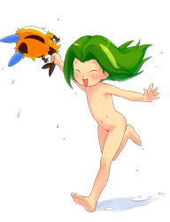  1girl animal barefoot blush closed_eyes feet flat_chest full_body green_hair happy holding holding_animal kikurage_(crayon_arts) loli long_hair multicolored_hair nipples nude open_mouth outstretched_arms running simple_background smile soles spread_arms streaked_hair timon_(yadamon) toes two-tone_hair wet white_background yadamon yadamon_(character)  rating:Questionable score:42 user:sytalidis
